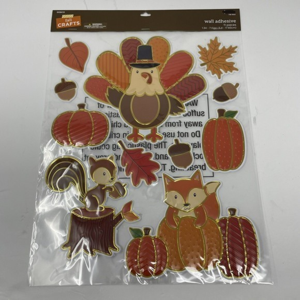 New Fall Kids Wall Art Adhesive Sticker‎ Autumn Turkey Leaves Squirrel Pumpkin
